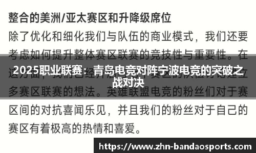 2025职业联赛:青岛电竞对阵宁波电竞的突破之战对决